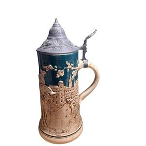 Antique German Pewter Lidded Beer Stein Made in Germany 13” Tall By Leopold